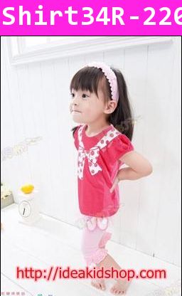 เสื้อยืดสีแดงอมชมพู โบว์ใหญ่ตกแต่งเลื่อมวิ้งๆ