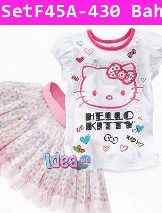 ชุดเสื้อกระโปรง Hello Kitty กับกระโปรงลายจุด สีขาว