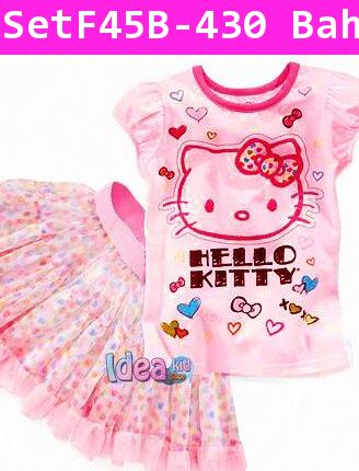 ชุดเสื้อกระโปรง Hello Kitty กระโปรงลายจุด สีชมพู