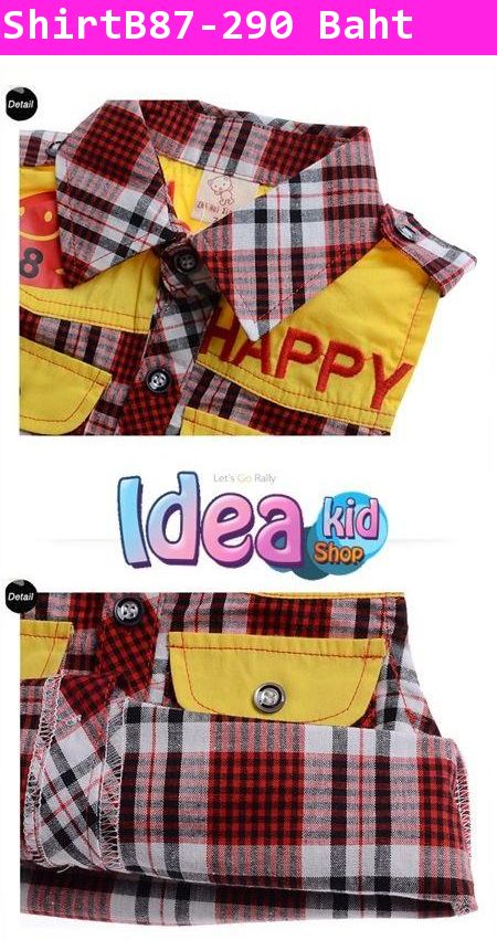 เสื้อเชิ้ตแขนกุด HAPPY ลายสก๊อตสีแดง