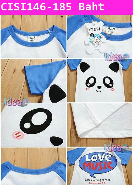 เสื้อแขนสั้น Panda Love Music สีฟ้า