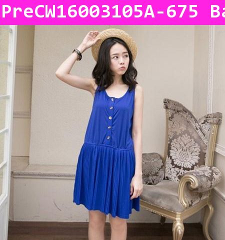 [Pre]เดรสพื้นเรียบ Pleated Skirt สีนำเงิน 16003105