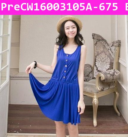 [Pre]เดรสพื้นเรียบ Pleated Skirt สีนำเงิน 16003105