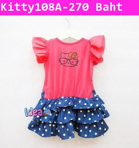 ชุดเดรส Hello Kitty กระโปรงยีนส์ สีชมพูเข้ม