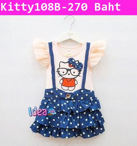 ชุดเดรส Hello Kitty กระโปรงยีนส์ สีชมพูอ่อน