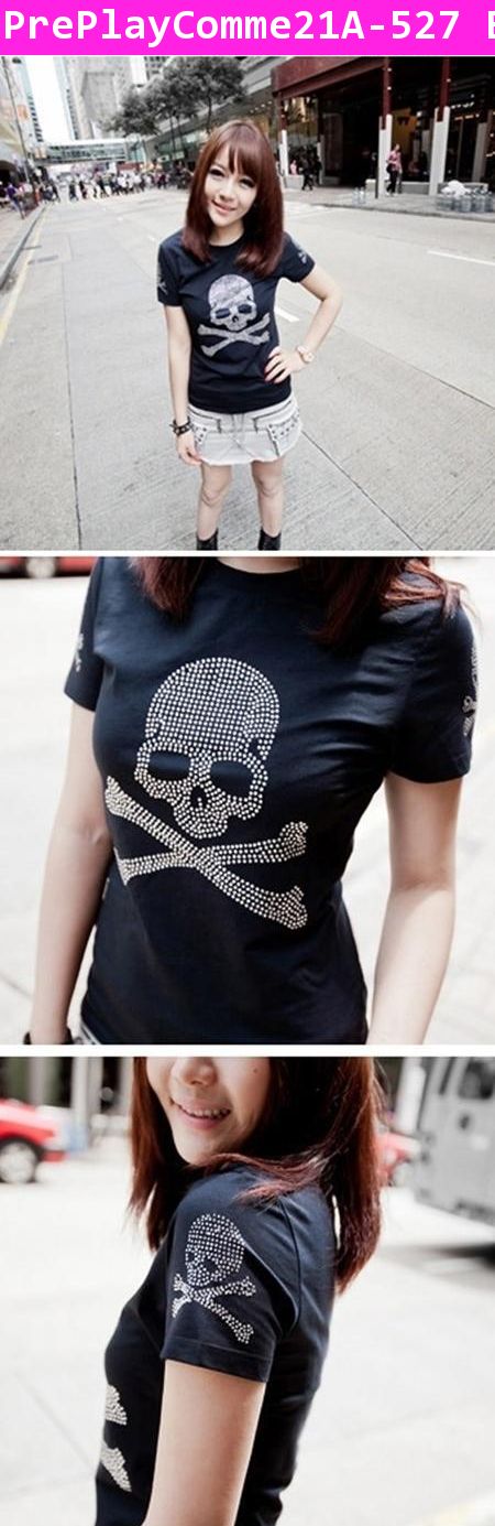 [Pre] เสื้อยืดแขนสั้นหัวกะโหลกไขว้เพชร สีดำ