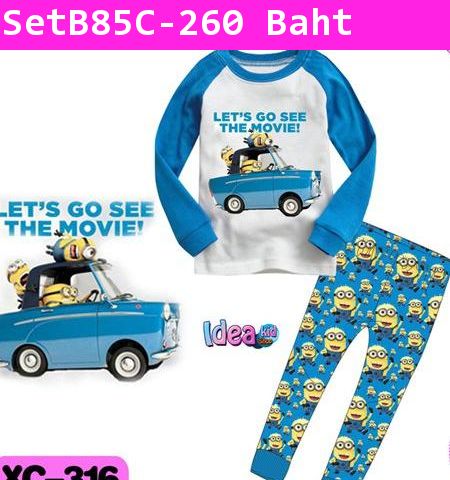 ชุดเสื้อกางเกง Let's go Minion สีขาวฟ้า