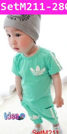 ชุดเสื้อกางเกง Adidas เด็กใสวัยสปอร์ต สีฟ้าอมเขียว