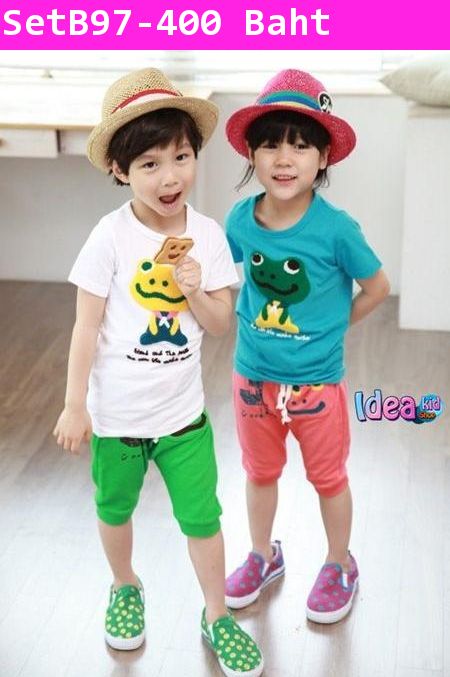 ชุดเสื้อกางเกงน้องกบ Happy สีฟ้า