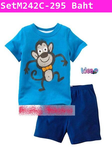 ชุดเสื้อกางเกง Monkey Funny สีฟ้า