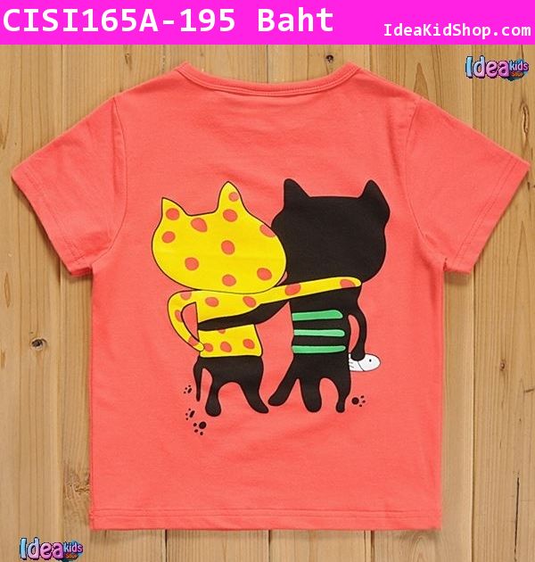 เสื้อยืด Black cats & Hug Friend สีชมพูแดง