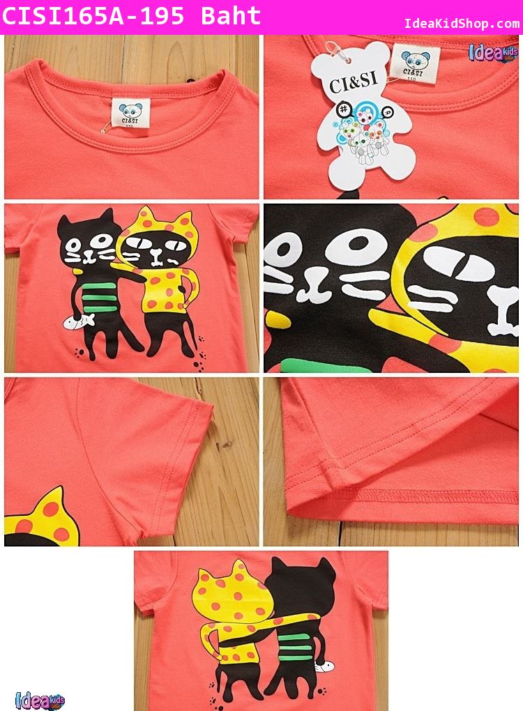 เสื้อยืด Black cats & Hug Friend สีชมพูแดง