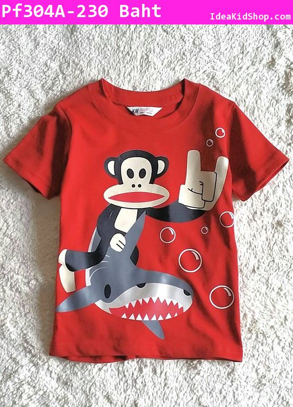 เสื้อยืดคอกลม Paul Frank  นั่งฉลาม สีแดง