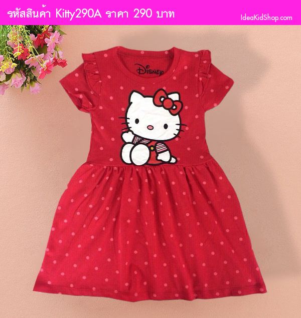 ชุดเดรส HELLO KITTY แสนน่ารัก ลายจุดเล็ก สีแดง