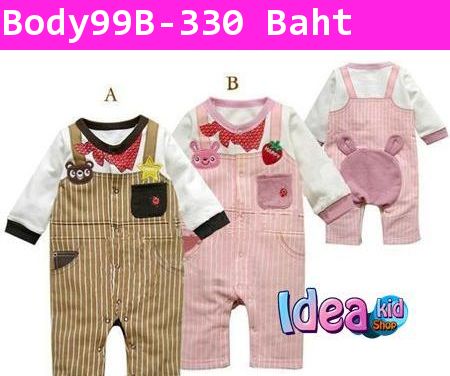 Bodysuit ลายเอี๊ยมน้องกระต่าย Happy สีชมพู