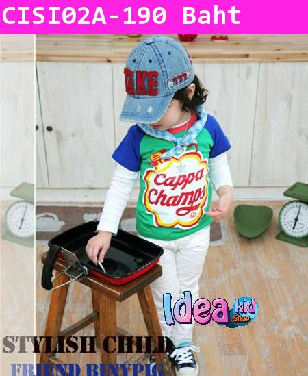 เสื้อยืดสีสดใส Cappa Champs พื้นเขียวฟ้า