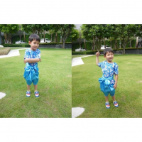 ชุดไทยเด็ก_ผ้าผูกเอว-เด็กชาย-ลายดอกไม้-สีฟ้าเหลือง