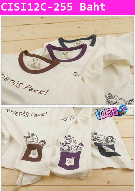 เสื้อยืดแขนยาว friends Pack! สีขาวคอน้ำเงิน