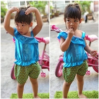 ชุดไทยเด็กเสื้อไหล่เฉียง_กางเกงลายไทย-สีฟ้า