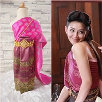 ชุดไทย-ผ้าถุงการะเกด-สไบผ้าไหมอินเดีย-สีชมพู