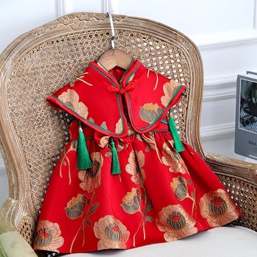 [พร้อมส่ง] ชุดตรุษจีน เดรสพรีเมียม princess dress children พร้อมผ้าคลุมไหล่ แต่งพู่สีเขียว ชุดแดงมงคลเรียกทรัพย์