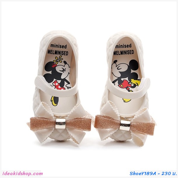 รองเท้าติดโบว์ Minnie Mickey สีขาวครีม