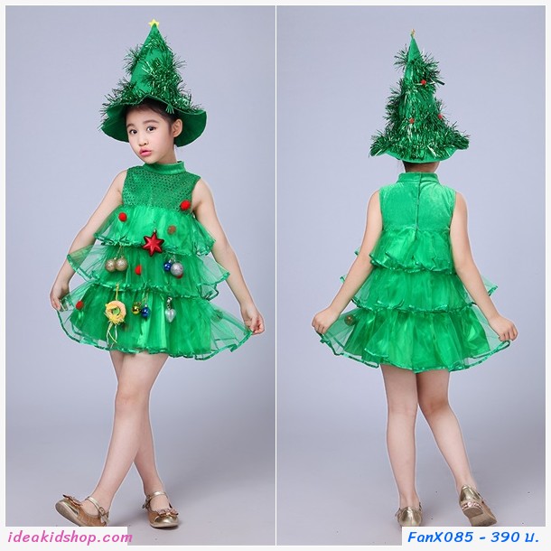 ชุดเดรส Xmas ชุดต้นไม้ พร้อมหมวกต้นคริสมาสต์ สีเขียว 
