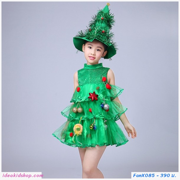 ชุดเดรส Xmas ชุดต้นไม้ พร้อมหมวกต้นคริสมาสต์ สีเขียว 