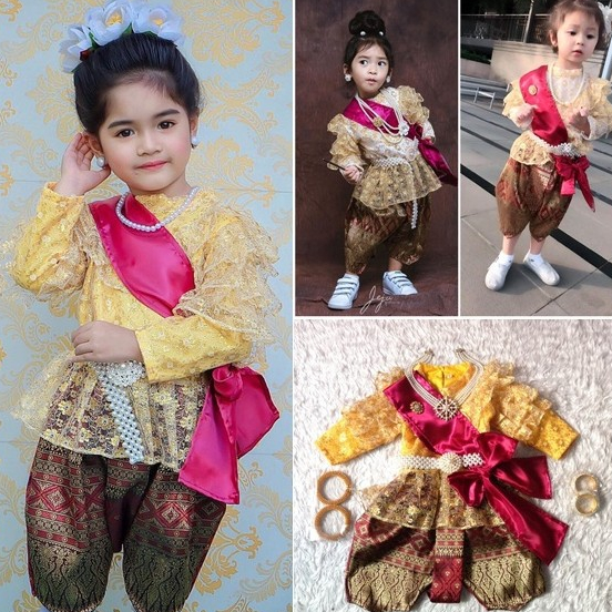 ชุดไทยแม่พลอยลูกไม้แขนยาว ร.5 โจงลายไทย สีทอง