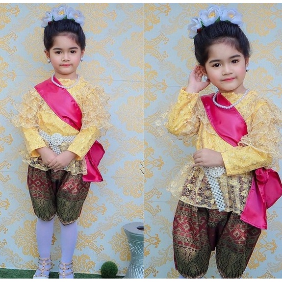 ชุดไทยแม่พลอยลูกไม้แขนยาว ร.5 โจงลายไทย สีขาว