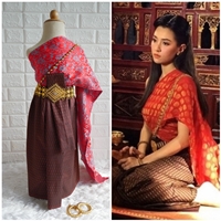ชุดไทย-ผ้าถุงการะเกด-สไบผ้าไหมอินเดีย-สีแดง