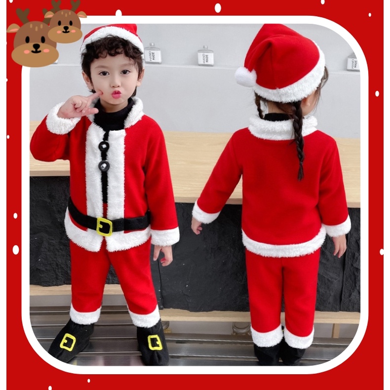 [พร้อมส่ง]ชุดซานต้า Xmas เซต 4 ชิ้น สีแดงได้เสื้อ กางเกง หมวก ถุงเท้า