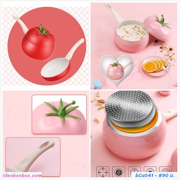 หม้อ non-stick Korean ด้ามจับ ทรงมะเขือเทศ สีชมพู