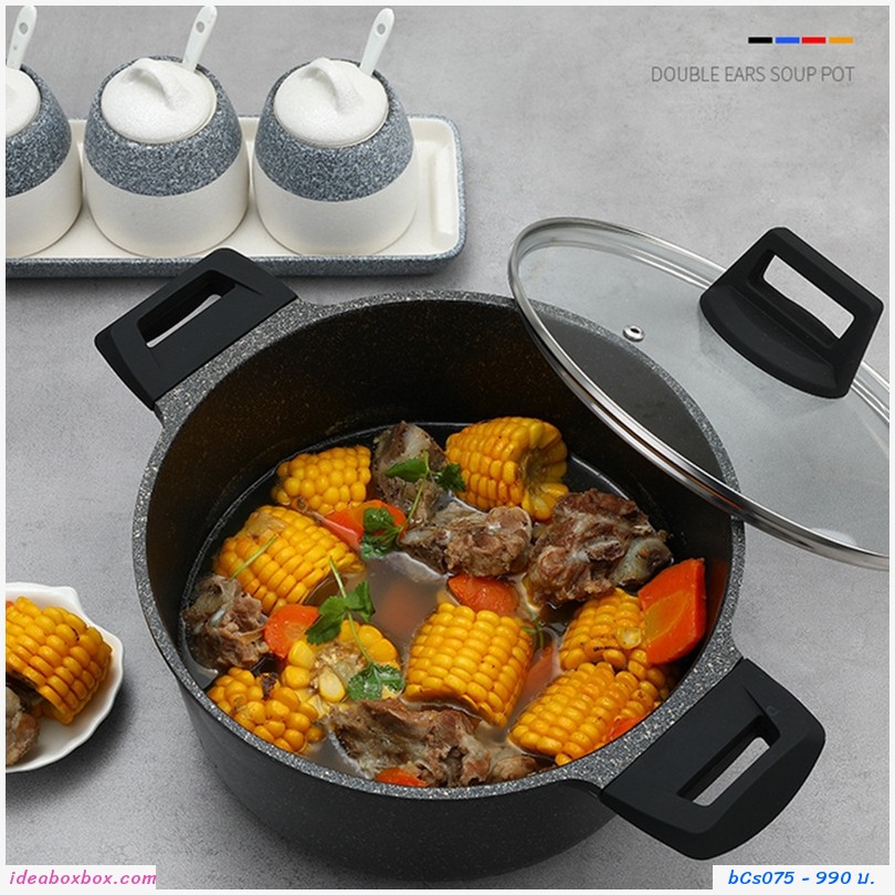 หม้อซุปเคลือบหินอ่อนพร้อมฝาปิด Non-stick  24cm สีดำ