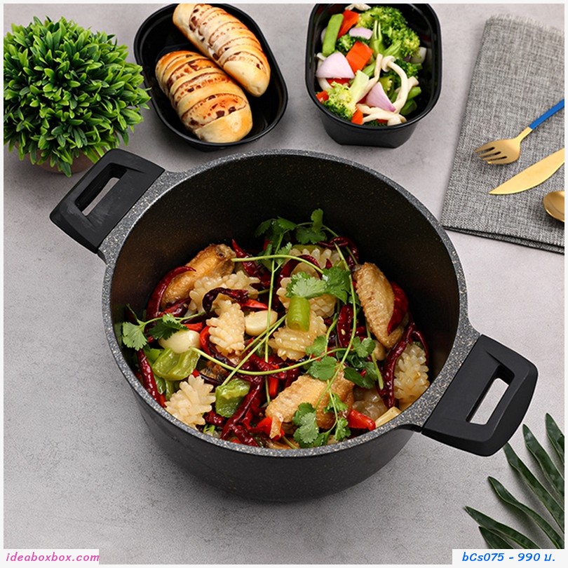 หม้อซุปเคลือบหินอ่อนพร้อมฝาปิด Non-stick  24cm สีดำ