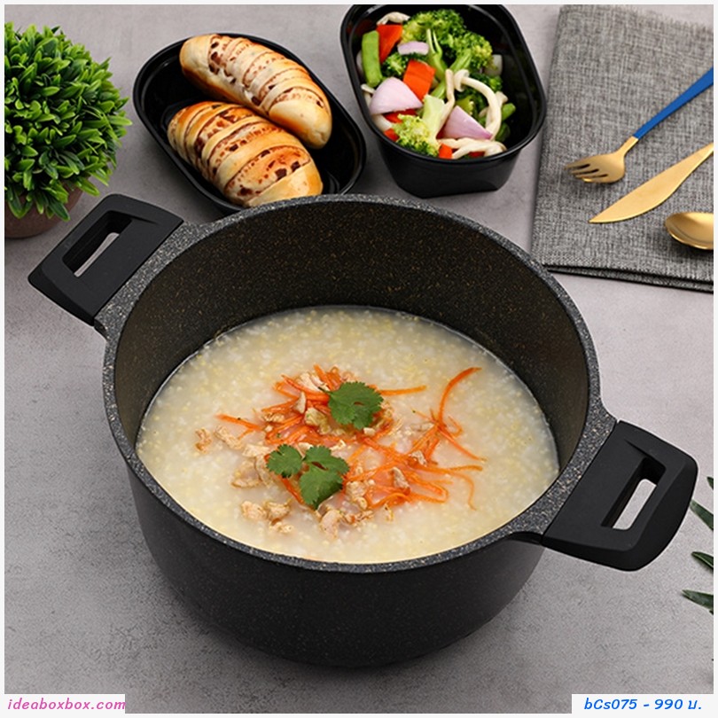 หม้อซุปเคลือบหินอ่อนพร้อมฝาปิด Non-stick  24cm สีดำ