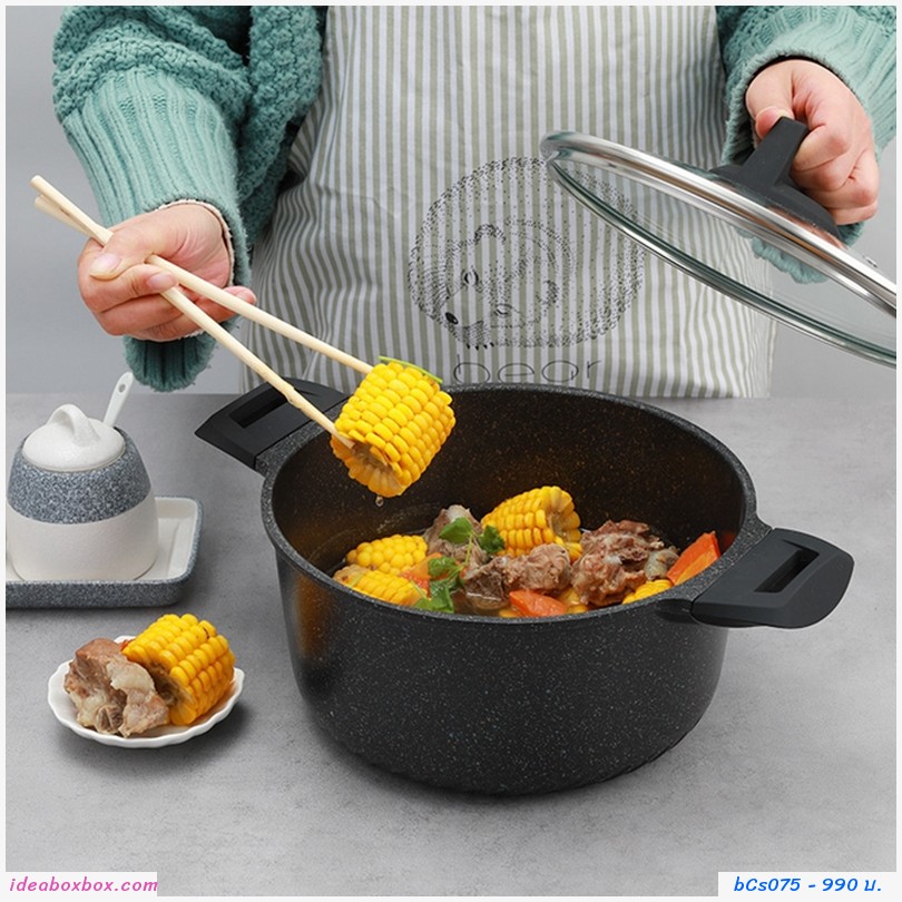 หม้อซุปเคลือบหินอ่อนพร้อมฝาปิด Non-stick  24cm สีดำ