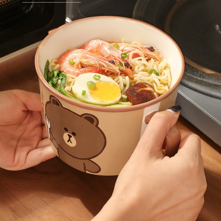 ชามเซรามิกพร้อมฝา Noodle Bowl 1000ml.ลาย LINE BROWN
