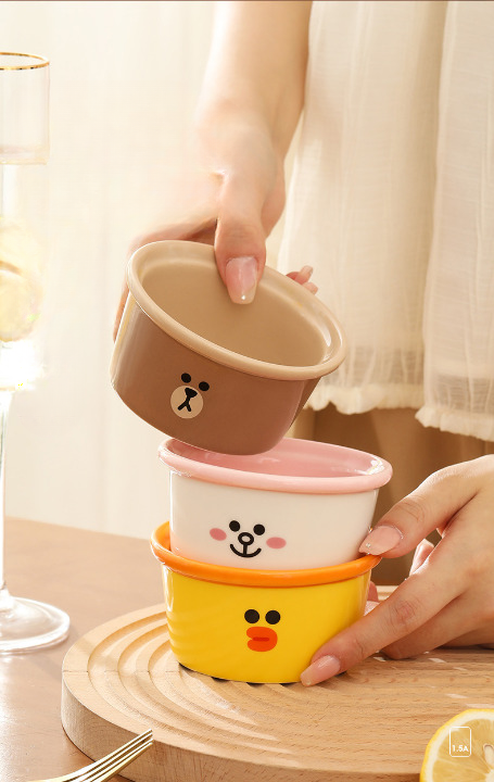 ชามเซรามิก ถ้วยขนม ไข่ตุ๋น 200ml. ลาย LINE BROWN