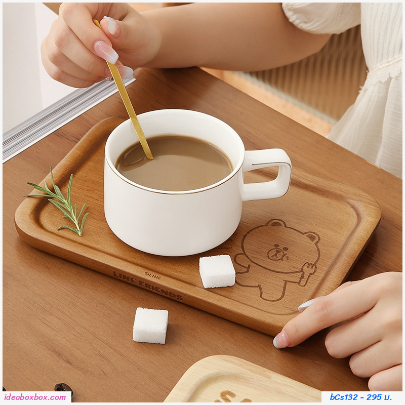 ถาดไม้วางเสริฟอาหาร เครื่องดื่ม Line friend brown