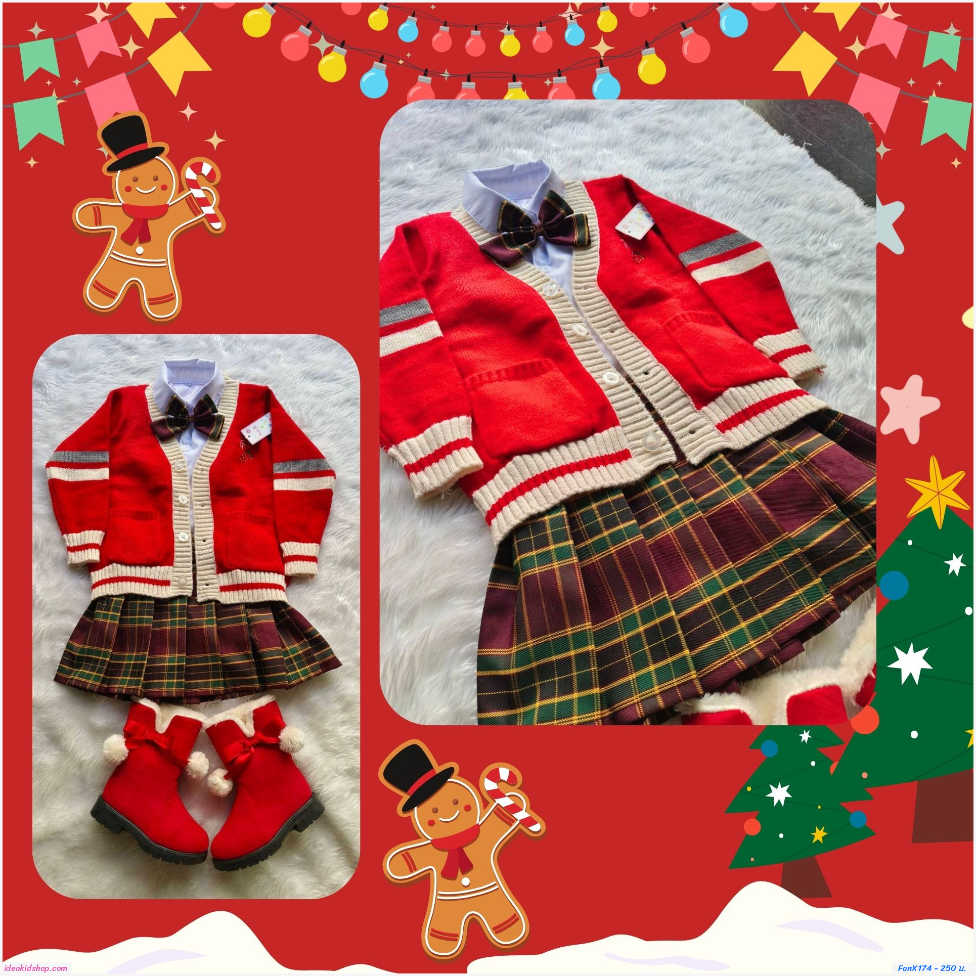 กระโปรง pleated skirt สีแดงเขียว(เฉพาะกระโปรง+โบว์)