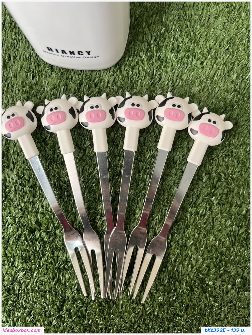 ส้อมจิ้มผลไม้ Fruit Fork ผลไม้ Cartoon Cow สีขาว(กระปุกและส้อม 6 คัน)