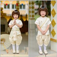ชุดไทยเด็กชายแขนสั้นพร้อมผ้าพาด-พี่หมื่น-สีไข่ไก่ครีม