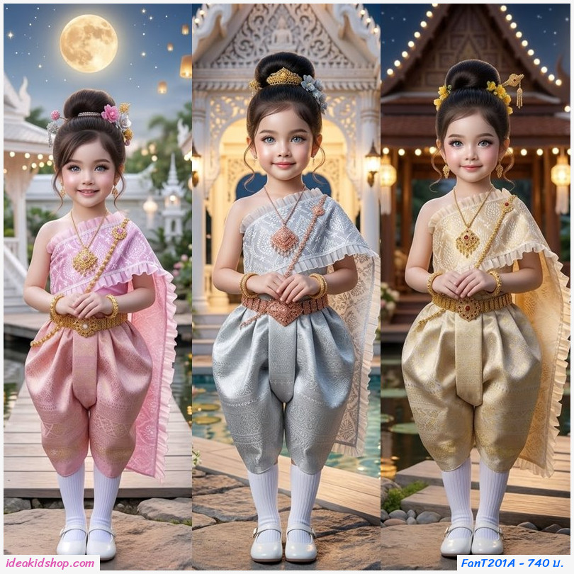 ชุดไทยเด็กหญิงสไบสำเร็จ โจงกระเบนลายไทย Little Thai Princess สีชมพู