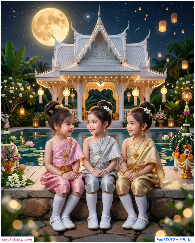 ชุดไทยเด็กหญิงสไบสำเร็จ โจงกระเบนลายไทย Little Thai Princess สีเทาเงิน