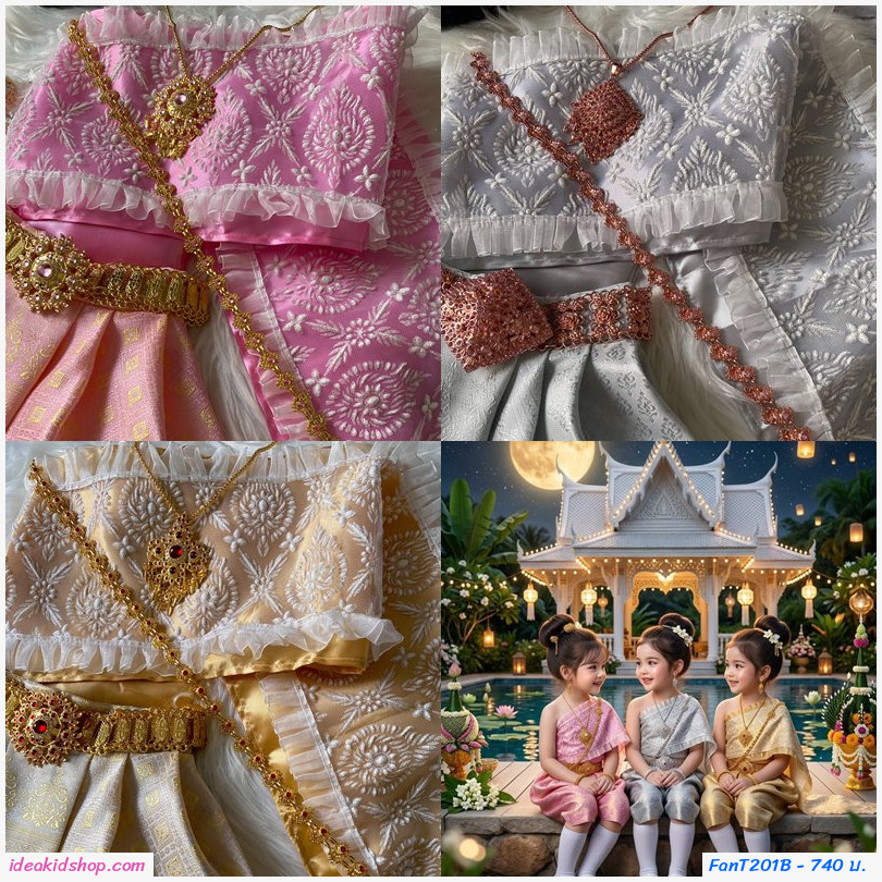 ชุดไทยเด็กหญิงสไบสำเร็จ โจงกระเบนลายไทย Little Thai Princess สีเทาเงิน