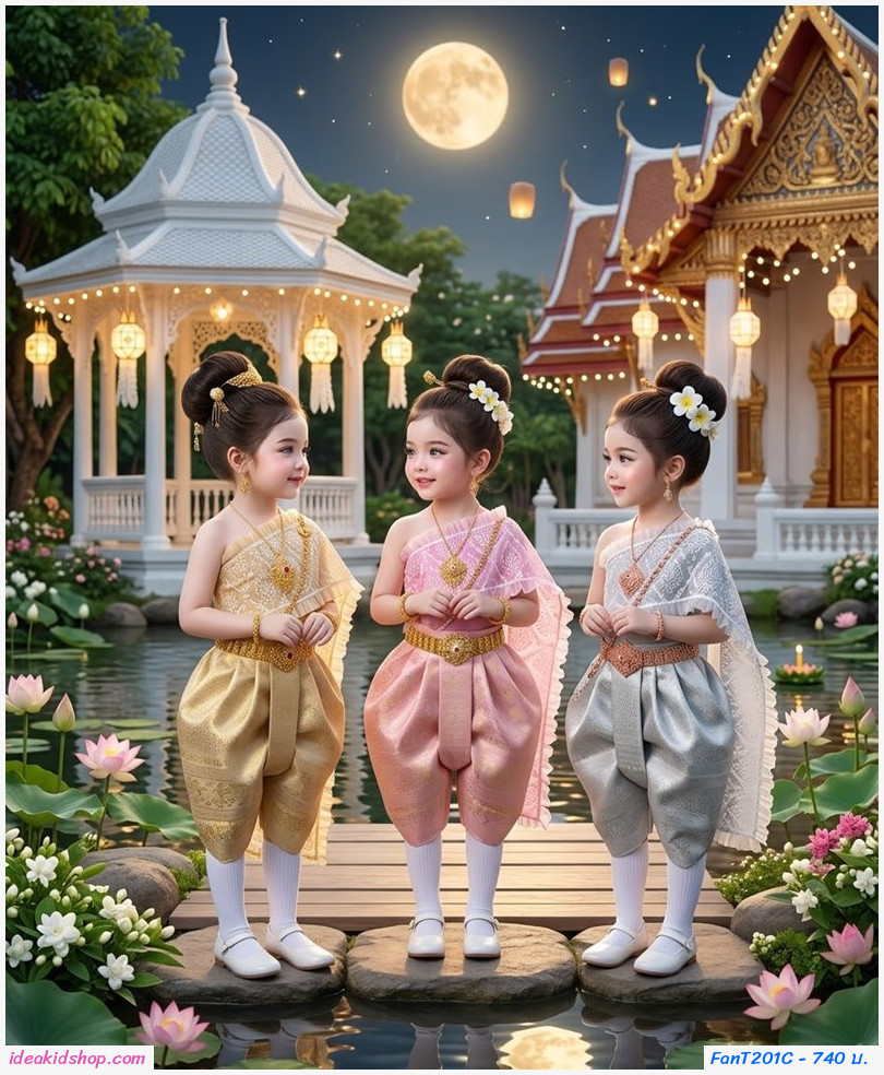 ชุดไทยเด็กหญิงสไบสำเร็จ โจงกระเบนลายไทย Little Thai Princess สีทอง