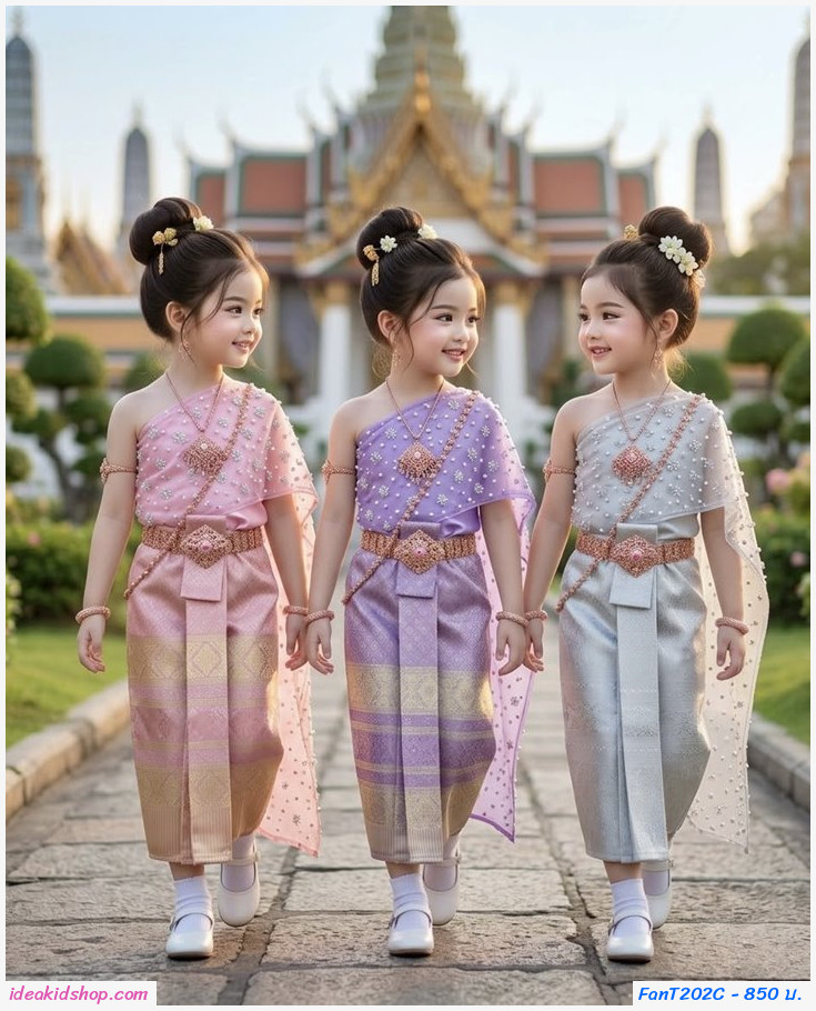 ชุดไทยเด็กผู้หญิง สไบปักลายดอกไม้ พร้อมผ้าถุงสำเร็จรูป สีม่วง