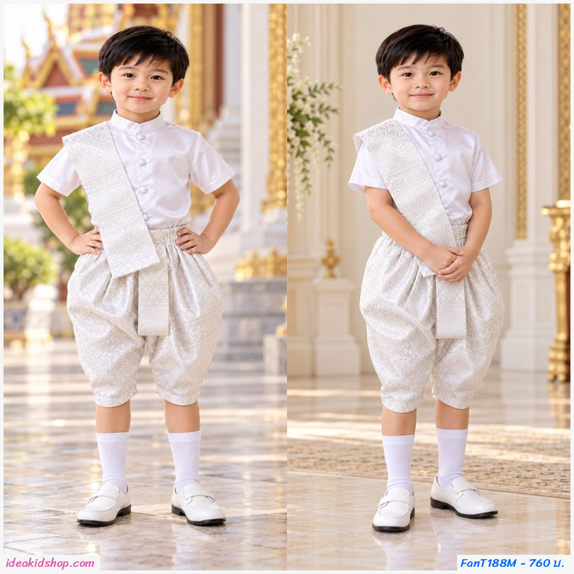 ชุดไทยเด็กชายแขนสั้นพร้อมผ้าพาด พี่หมื่น สีครีมขาว