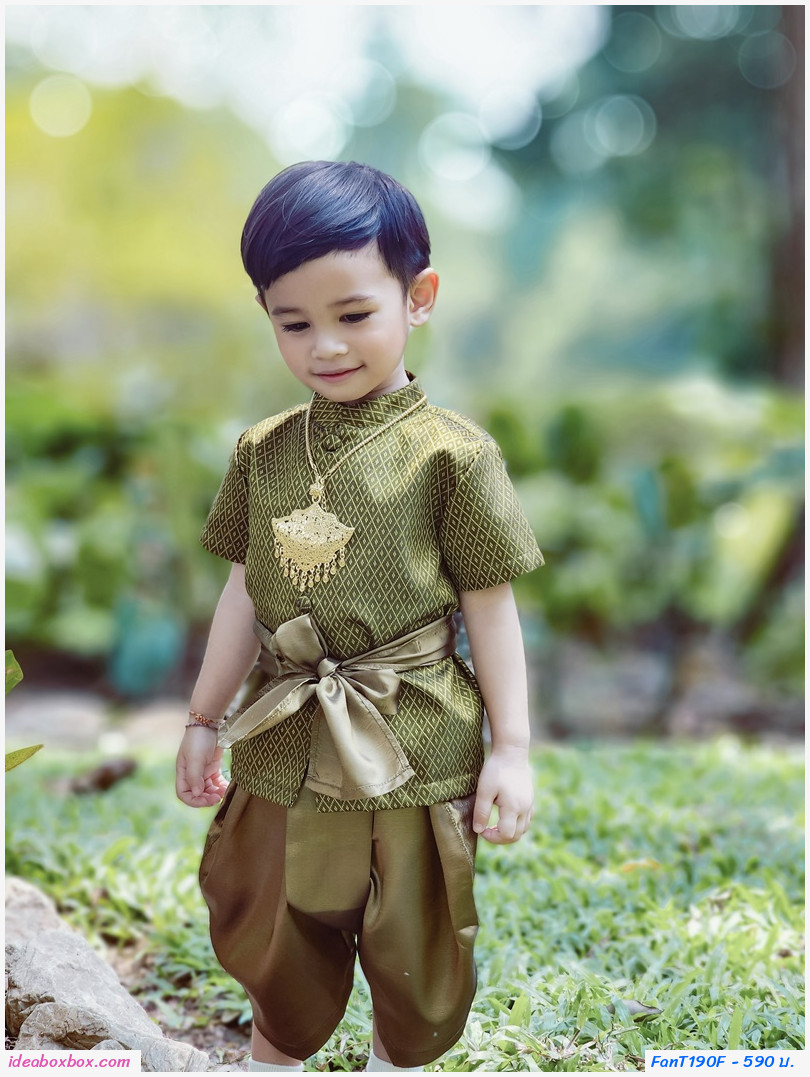 ชุดไทยเด็กชาย พี่หมื่น ผ้าทอยกดอก สีเหลืองทอง